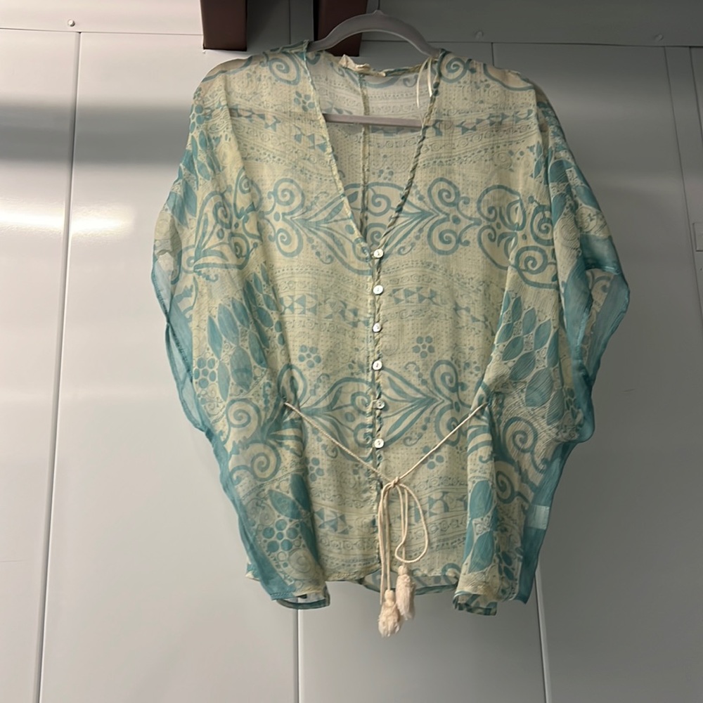 Sheer printed top with tassel belt, abalone buttons. M/L by Lovestitch.